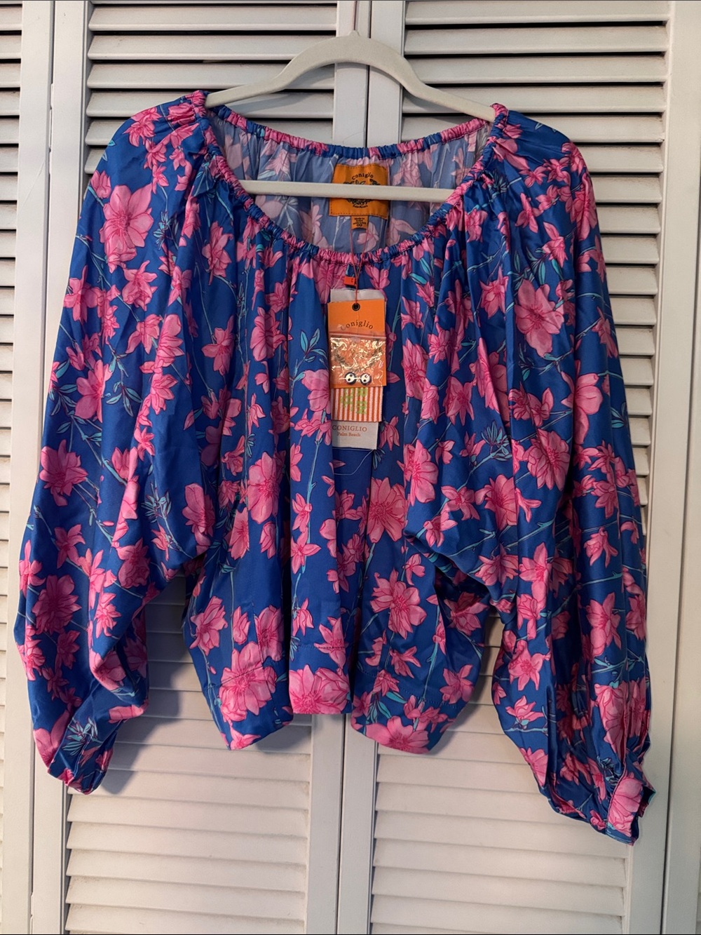 Coniglio Palm Beach Boho Floral Peasant Blouse - Blue & Pink 100% Silk